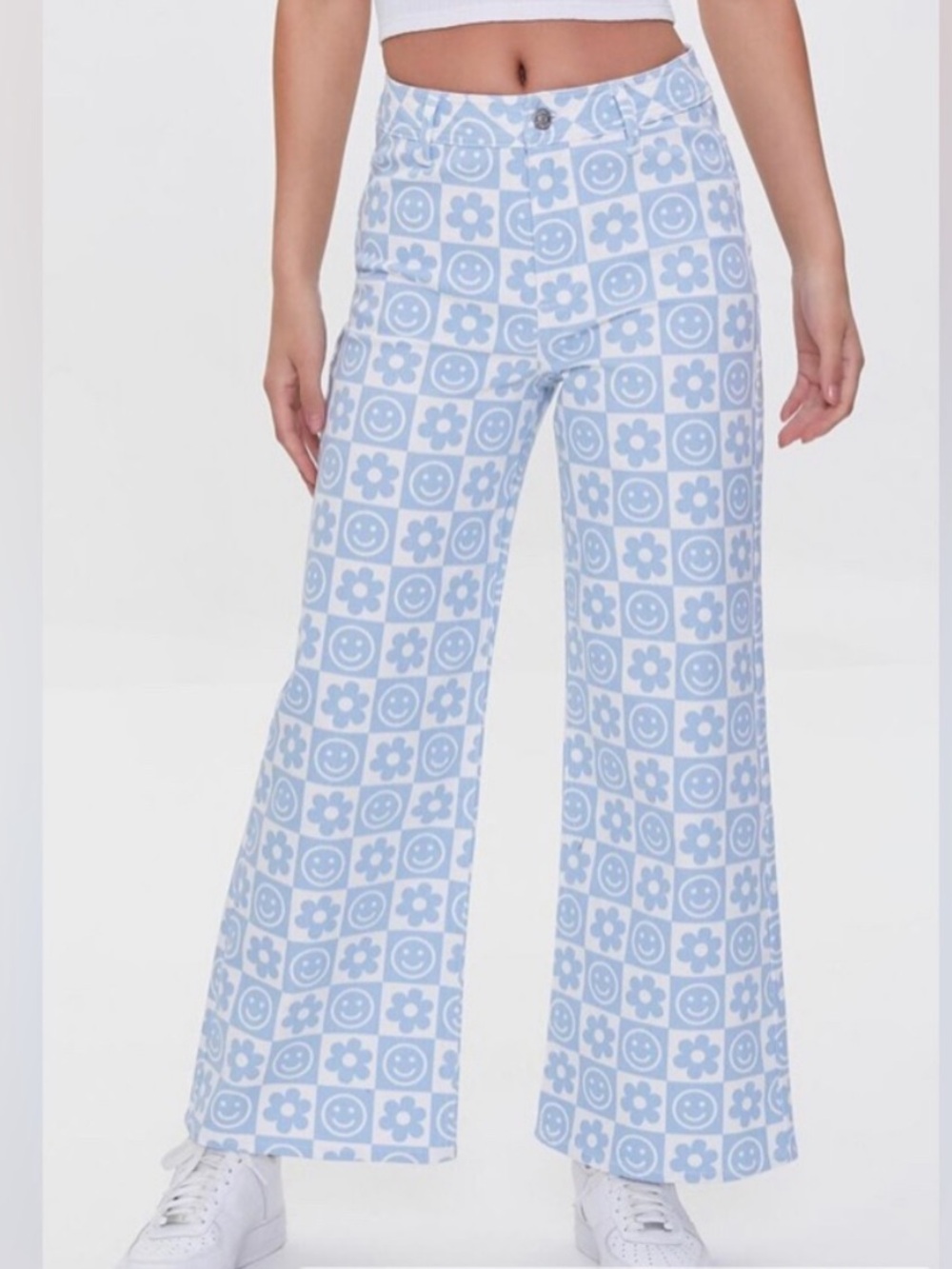 Forever 21 blue white checkered smiley face flower 70’s wide leg jean pants 27